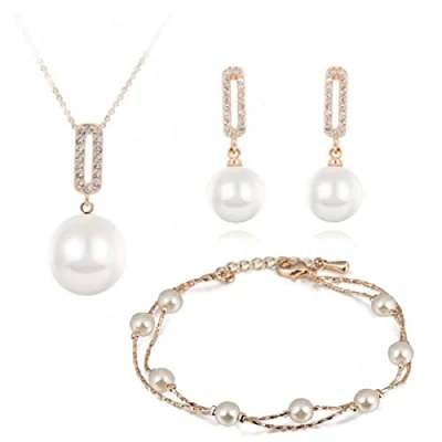Image of Crystalline Azuria Women 18ct Rose Gold Plated Simulated White Pearls Set Necklace Earrings Bracelet Wedding Party Bridal and Bridesmaid Accessories