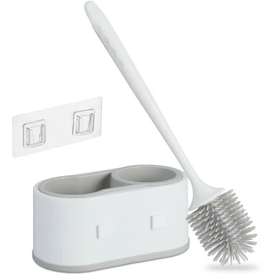 Image of Relaxdays Toilet Brush with Wall Holder, Quick Drying, Bathroom Container, WC Cleaner, No Drilling, Plastic, White/Grey, 40 x 21.5 11.5 cm