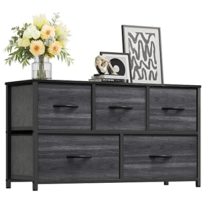 Image of YITAHOME Chest of Drawer Bedroom with 5 Drawers Storage Unit Steel Frame wood Top Fabric Dresser for Living room, Nursery, Closet,Black grain