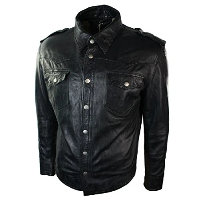 Image of Infinity Mens Real Leather Shirt Jacket Tan Brown Black Slim Fit Casual Retro Vintage