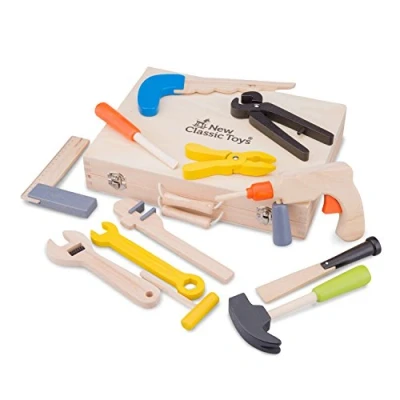 Image of New Classic Toys 376232 Wooden Box Including 12 Tools 3 Years and Up Educational Perception Toy for Preschool Age Toddlers Boys Girls, Multi Color, Pieces