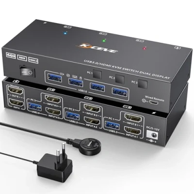 Image of HDMI KVM Switch 2 Monitors 3 Computers 4K@60Hz, EDID Emulator, USB 3.0 Dual Monitor for Share Displays and 4 ports.Included 12VDC Power Supply Wired Remote Cables