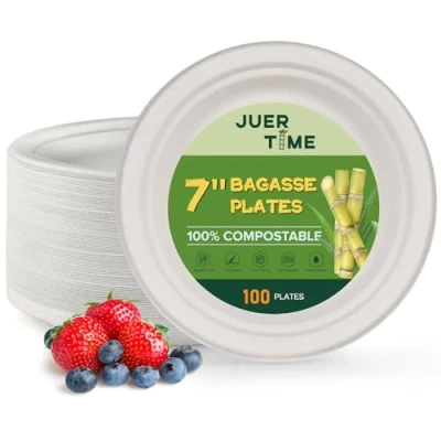 Image of Juertime Heavy Duty Paper Plates 7 inch 100 Pack Bagasse Strong Disposable Eco Friendly, Compostable, Biodegradable Perfect for Appetizers and Desserts