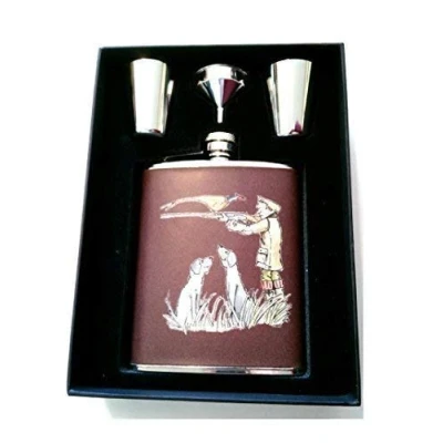 Image of Farm Cottage Brands 6oz Brown Leather Hip flask set with funnel and 2 stainless steel tumblers in a lovely presentation box featuring Were you shooting at me ? pheasant game (AC15)