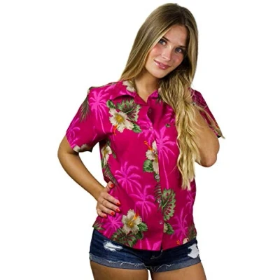 Image of King Kameha Women&#039;s Floral Blouse Shirts Hawaiian Style Short Sleeve Summer Casual, Small Flower, Magenta Pink, M