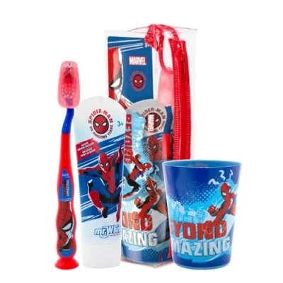 Image of Marvel Spiderman Kids Toothbrush Set Contains with Protection Cap, Suction Cup and Soft Bristles, Mint Flavour Toothpaste Multi Purpose Beaker for Children 3+