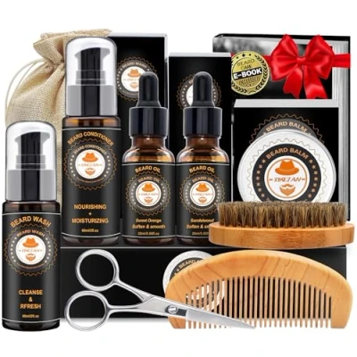 Image of Upgraded Beard Grooming Kit w/Beard Conditioner,Beard Oil,Beard Balm,Beard Brush,Beard Wash,Beard Comb,Beard Scissor,Bag,E Book,Beard Care Daddy Gifts for Men Him Dad Husband Boyfriend