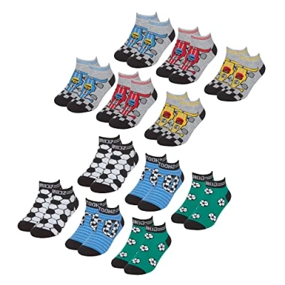Image of Metzuyan Boys 6 or 12 Pairs Trainer Liner Socks Cotton Rich Multipack Colourful 2 Pack Race Football 9