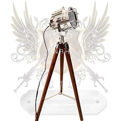 Image of Hollywood Handmde Floor Lamp with Wooden Tripod Portable Office Lighting Decor Marine Low Searchlight Home Modern Corner Light Bedroom Hallway Chrome Finish Decorative