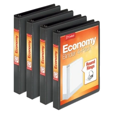 Image of Cardinal Economy 3 Ring Binder, 1 Inch, Presentation View, Black, Holds 225 Sheets, Nonstick, PVC Free, 4 Pack of Binders (79512)