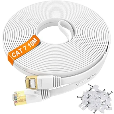 Image of Ethernet Cable 10m Cat 7, Flat Internet High Speed Shielded Long Network 10 meter, S/FTP 600MHz 10Gbps LAN RJ45 White Gigabit Patch for Router Modem Switch PS5 (10 Clips)
