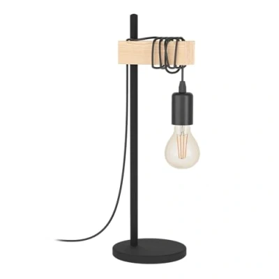 Image of Eglo Table lamp Townshend, Vintage Bedside in Industrial Design, Retro Living Room Lighting, Black Metal and Natural Wood, FSC Certified, Socket E27, incl. Switch