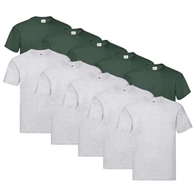 Image of Fruit of the Loom Men&#039;s Original T. T Shirt (Pack 10), 5 x Grey + Bottle Green 1 Hl Purchase Notepad, L