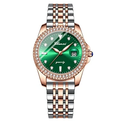 Image of JewelryWe Women Watches Round Green Dial Analog Quartz Calendar Watch Simple Stylish Business Casual Wristwatch