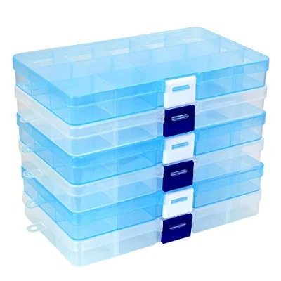 Image of UTRUGAN 6 Pcs Plastic Jewelry Organiser Box 15 Grids Earring Storage Containers Clear Bead Jewellery with Adjustable Dividers for Beads, Earring, Screws, Small Craft Items(White+Blue)