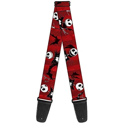 Image of Buckle Down GS WDY035 Guitar Strap Nightmare Before Christmas Jack Poses Bats Red Stripe 2 Inches Wide, 34 60&quot;