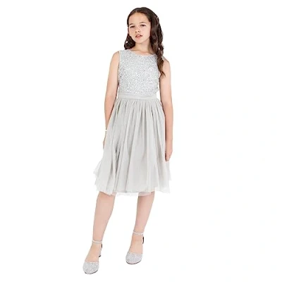 Image of Maya Deluxe Girl&#039;s Midi Dress Sequins Embellished Party Tutu Bridesmaids Wedding with Belt Bow, Soft Grey, 7 Years
