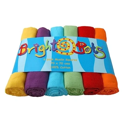 Image of Bright Bots Baby Muslin Squares Burp Cloths Absorbent and Breathable Pure Soft 100% Cotton (70cm, Pack of 6) (Unisex)