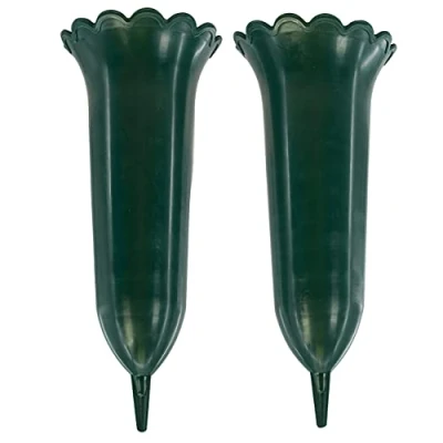 Image of Set of 2 Green Spiked Memorial Grave Flower Vases Cemetery Cone Vase Fresh/Artificial Pot Holder