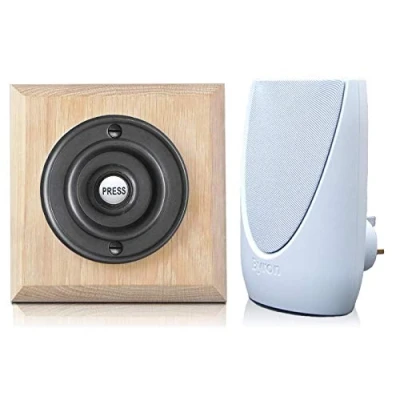Image of Byron 100m Wireless Period Plug in Doorbell kit Push on Plinth (Natural Oak Black)