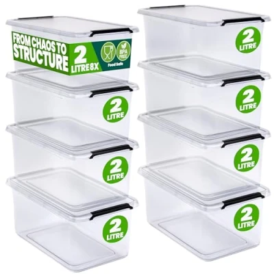Image of Deuba® 8x 2 Litre Storage Boxes With Click Closure Secure Lid BPA Free Food Safe Plastic Box Small Stackable Transparent Organiser for Kitchen Bedroom Garage Office