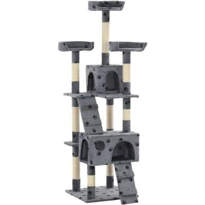 Image of vidaXL Luxury Multi Level Cat Tree with Sisal Scratching Posts, Paw Prints Design, Includes Toy Mouse, Easy to Assemble Grey
