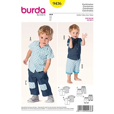 Image of Burda Toddlers Easy Sewing Pattern 9436 Shirt, Shorts &amp; Trouser Pants Ages: 6M 3 Years