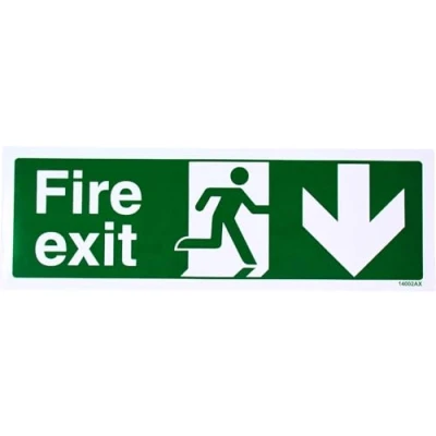 Image of V Safety Fire Exit Arrow Down Sign Landscape 300mm x 100mm 2mm Rigid Plastic, 14002AX R2