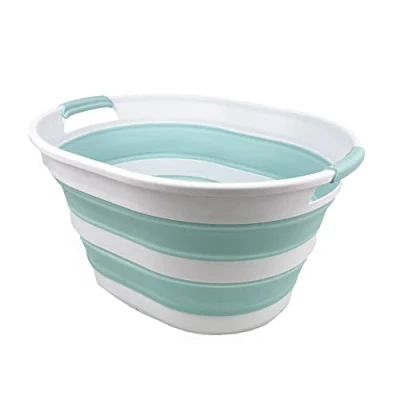 Image of SAMMART 23L Collapsible Plastic Laundry Basket Oval Tub/Basket Foldable Storage Container/Organizer Portable Washing Tub Space Saving Hamper (1, White/Lake Green)