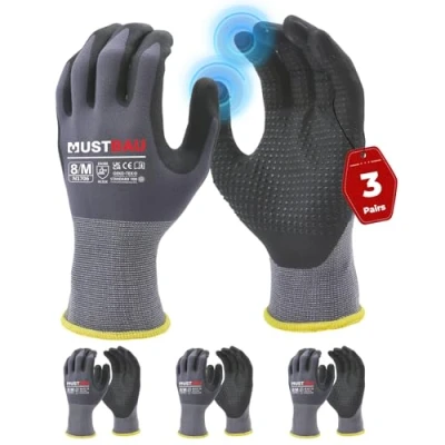 Image of Mustbau 3 Pairs Safety Work Gloves Breathable Nitrile Coated Gloves,Knit Nylon Protective Gloves,Abrasion,Dexterity, Touch Screen, for Most Kinds of Jobs M