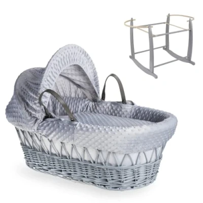 Image of Clair de Lune Dimple Grey Wicker Moses Basket &amp; Deluxe Rocking Stand (Grey)