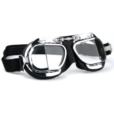 Image of Halcyon Mark 9 Deluxe Chrome Motorcycle Goggles with Brass Frames PVC Facemask (Black Facemask, Standard)