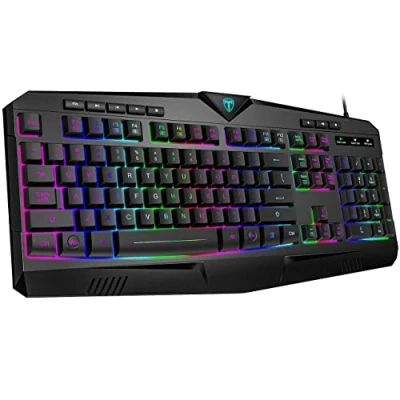 Image of Dacoity Gaming Keyboard, Full Size RGB Backlit Quiet Computer Wrist Rest, Silent Keys, Multimedia Anti ghosting, Waterproof Light Up USB Wired Keyboard for PC Mac Xbox Gamer Office