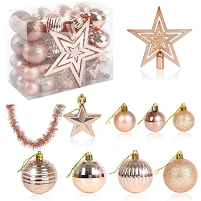 Image of VEYLIN Christmas Tree Decorations Set of 40 Rose Gold Baubles Hanging Ball Tinsel Garland Star Topper Ornaments