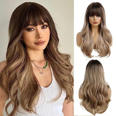 Image of OUFEI Ombre Dark Blonde Wig with Bangs Synthetic Heat Resistant Fiber Natural Long Wave Wigs for Women Daily Party Use