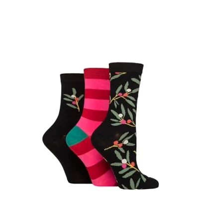 Image of Women&#039;s 3 Pair Caroline Gardner Christmas Patterned Cotton Socks Holly &amp; Stripes Black 4 8