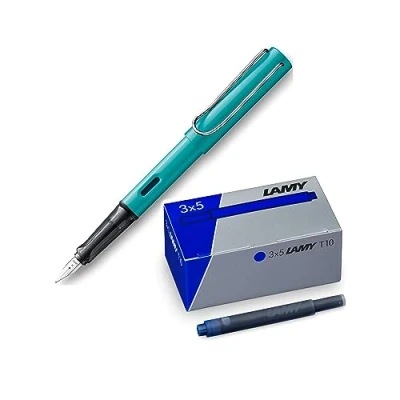 Image of Lamy AL star Set of Lightweight Aluminium Fountain Pen in Tourmaline with Ergonomic Grip and Polished Steel Nib Stitch Width M T10 3 Ink Cartridges Original Box Blue