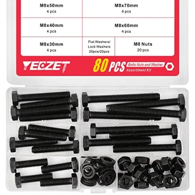 Image of YEEZET 20 Set M8 Hex Head Screws Bolts and Nuts Flat &amp; Lock Washers Assortment Kit Alloy Steel Grade 8.8 (30mm 40mm 50mm 60mm 70mm)