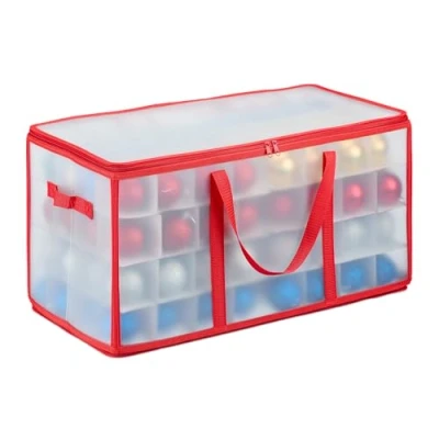 Image of Relaxdays Christmas Bauble Storage Box, 128 Compartments, Holiday Bag, 31 x 30 60 cm, Decor Spheres, Transparent/Red