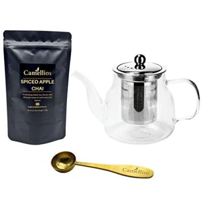 Image of Loose Leaf Tea Set, Gift Set with Heat Resistant Teapot, Measuring Spoon, 100g Tea, Camellios (Spiced Apple Chai)