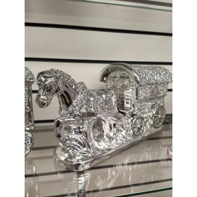 Image of DEENZ Silver Horse With Wagon Gypsy Crushed Diamond Carriage Ornament Shelf Sitter Bling