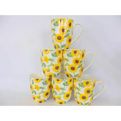 Image of Heron Cross Pottery &quot;Abbeydale Collection&quot; Set of 6 China aspen Mugs in Sunflower design