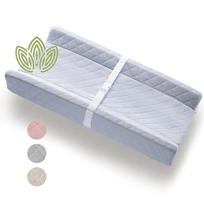 Image of Organic Cotton Contoured Baby Changing Pad w/Waterproof Foam Mattress, Includes Soft, Removable &amp; Washable Cover, Safety Strap, Non Slip Bottom, Topper for Standard Size Infant Diaper Table Dresser