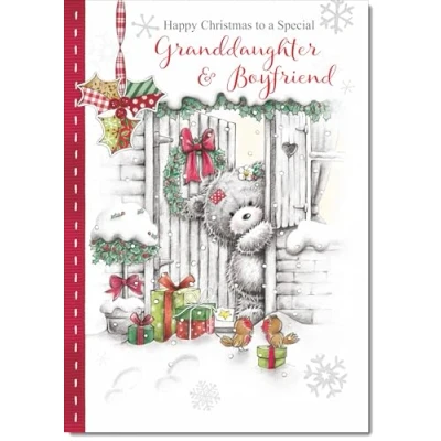 Image of doodlecards Granddaughter and Boyfriend Christmas Card Grey Bear in Snow Medium Size for &amp; with Plain Envelope