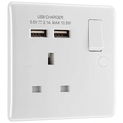 Image of BG Electrical 821U2 Single 13 Amp Switched Power Socket with Two USB Charging Ports, 10.5 W, White Moulded, Round Edge