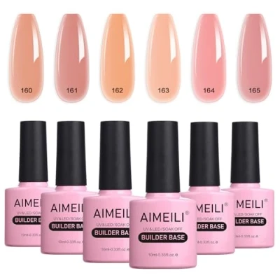 Image of AIMEILI Hema Free 8 in 1 Builder Base Sheer Color Gel Set, No Need Slip Solution Extension, Soak Off UV LED Nude Polish Multicolour Of 6pcs X 10ml Gift Kit 38