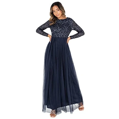 Image of Maya Deluxe Women&#039;s Embellished Long Sleeve Maxi Bridesmaid Dress, Navy, 14 UK