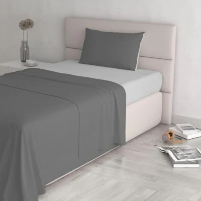Image of Italian Bed Linen Natural Color Set (Flat 150x300, Fitted Sheet 90x200cm+Pillowcase 52x82cm), Petrol Bottle Green, 100% Cotton, Light Gray/Smoke, SINGLE