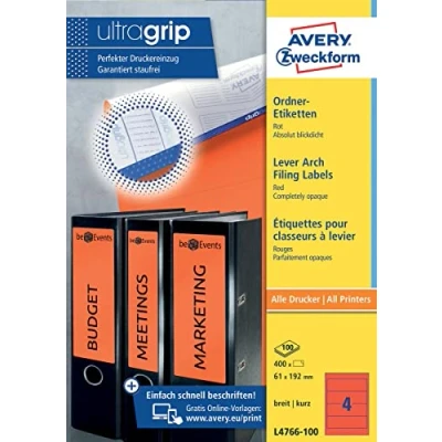 Image of Avery Zweckform L4766 100 Filing Labels Short for Wide Folders such as Leitz, Elba, Mehle, Bene and Biella, 192 x 61 mm, Sheets