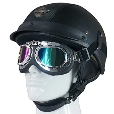 Image of Retro Leather Motorcycle Half Helmet for Men and Women, Vintage Pilot Style Adult Open Face Bike Cruiser Chopper Moped Scooter Motorbike DOT Certified black,XL